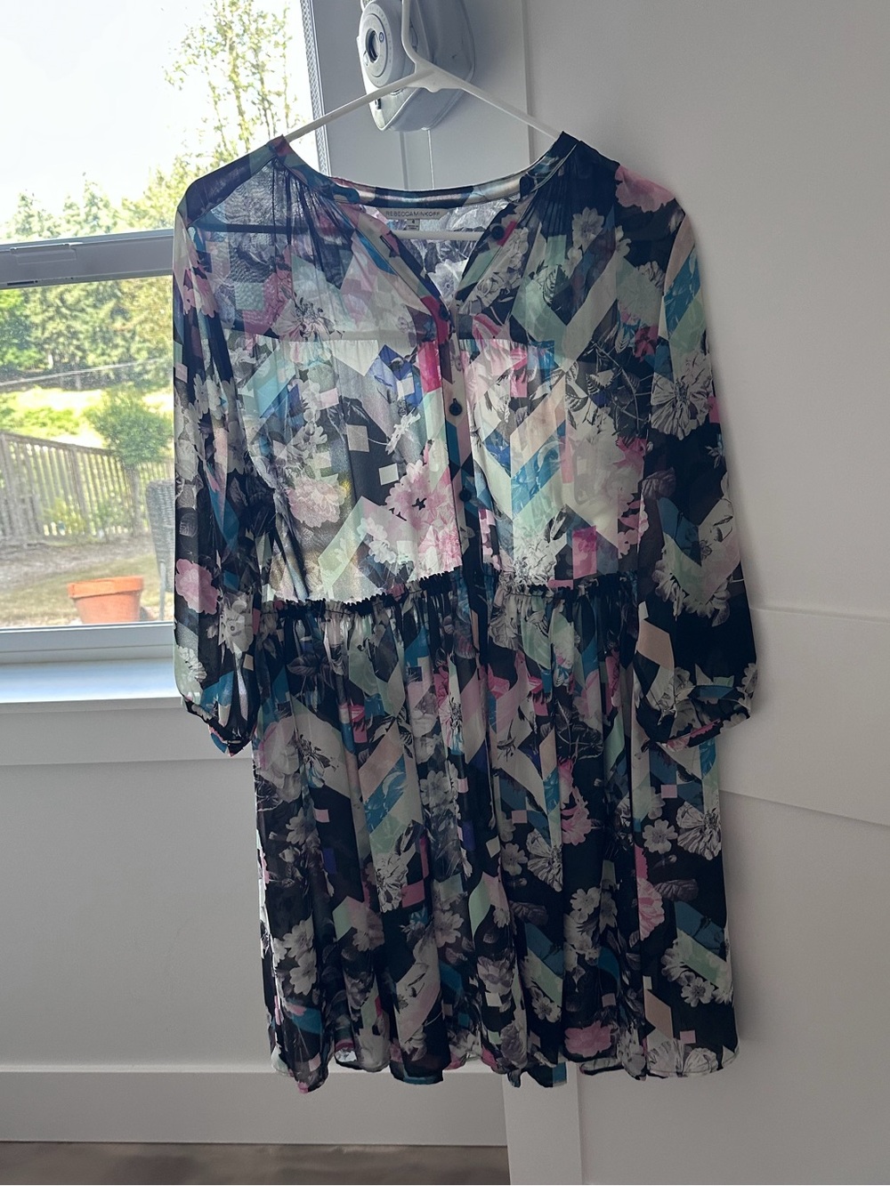 Rebecca Minkoff Sheer Floral Chevron Tiered Dress in Black Multi